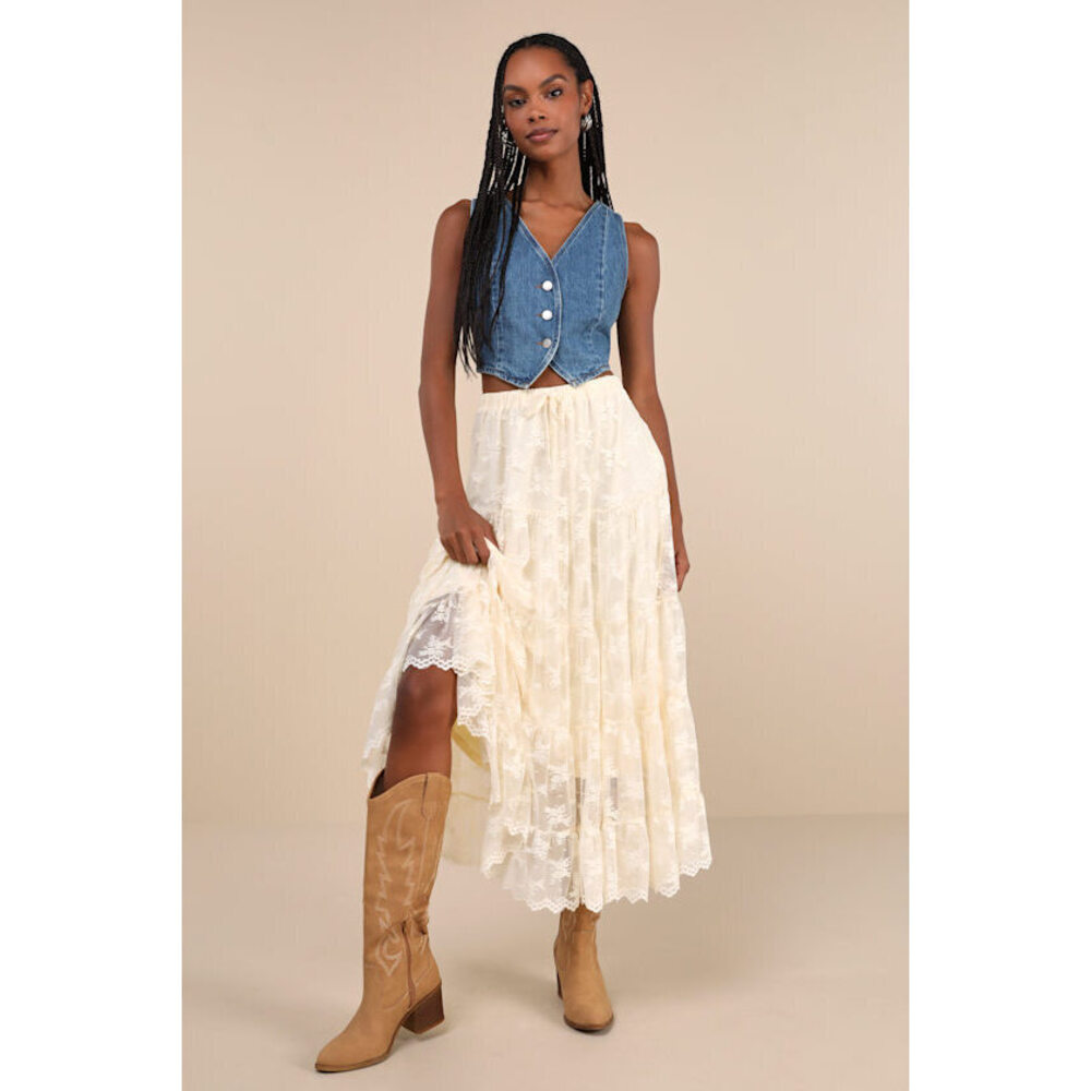 Lulus Cream Lace High-rise Tiered Midi Skirt White size large